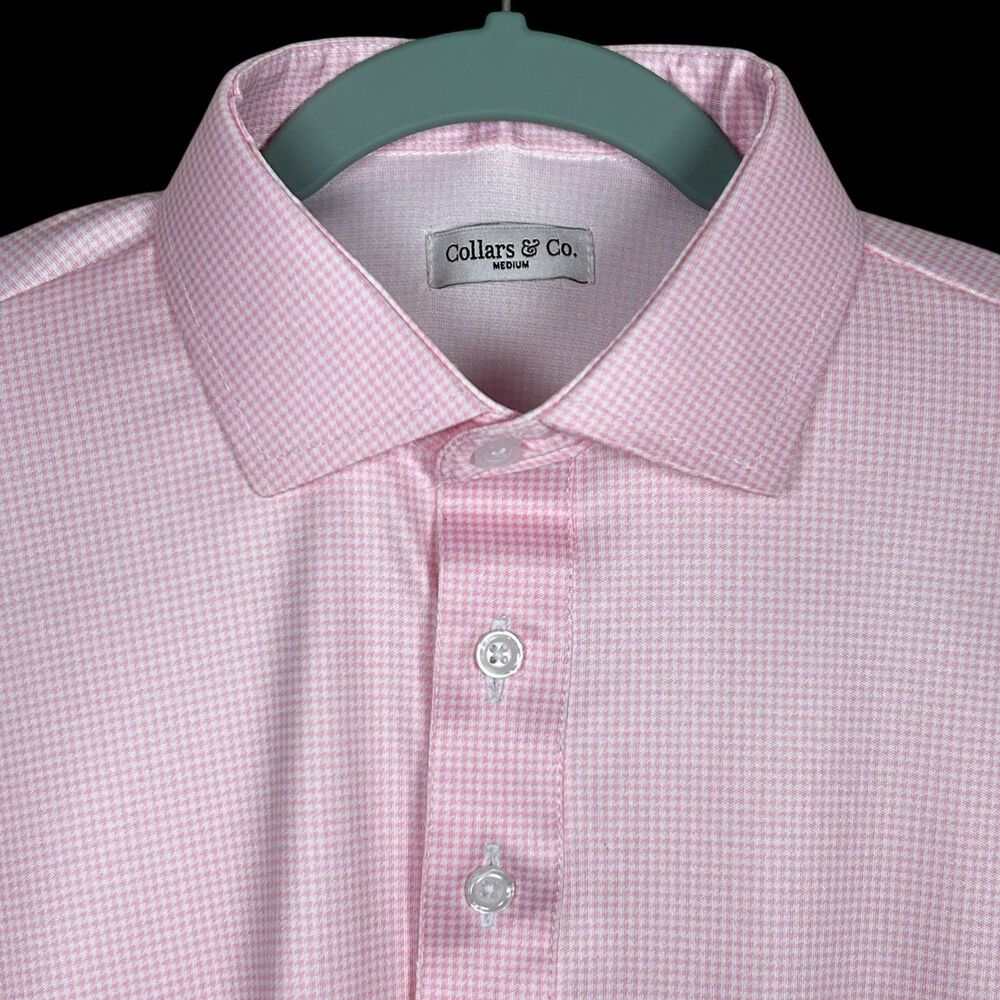 Collars & Co Polo Shirt Mens Medium Pink Houndstooth Dress Collar Stretch Office